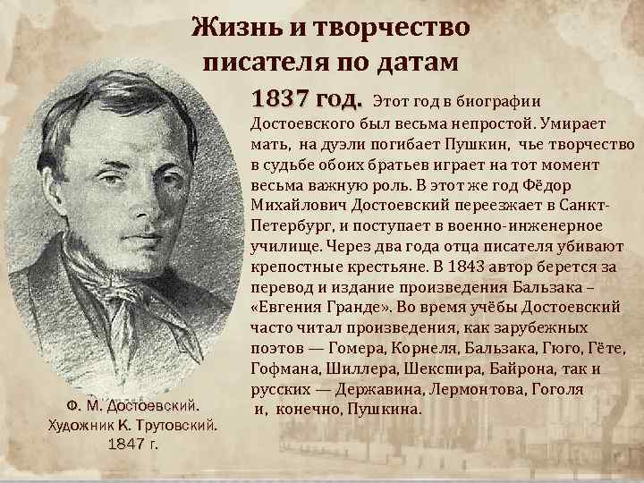Достоевский фёдор Михайлович 1837. Жизнь и творчество Достоевского.