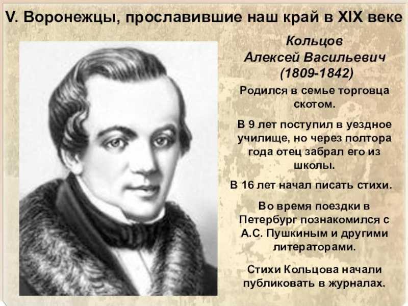 Родился в 1809 году писатель. Кольцов писатель Воронеж.
